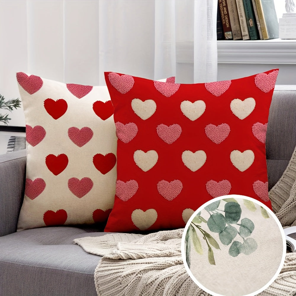2pcs Valentine's Day Linen Pillow Covers, Reversible Love Heart Pattern, Zipper Closure, Machine Washable, Contemporary Style for Sofa & Bedroom Decor, 15.7x15.7 & 44.96x44.96 cm - No Insert, Pillows for Couch
