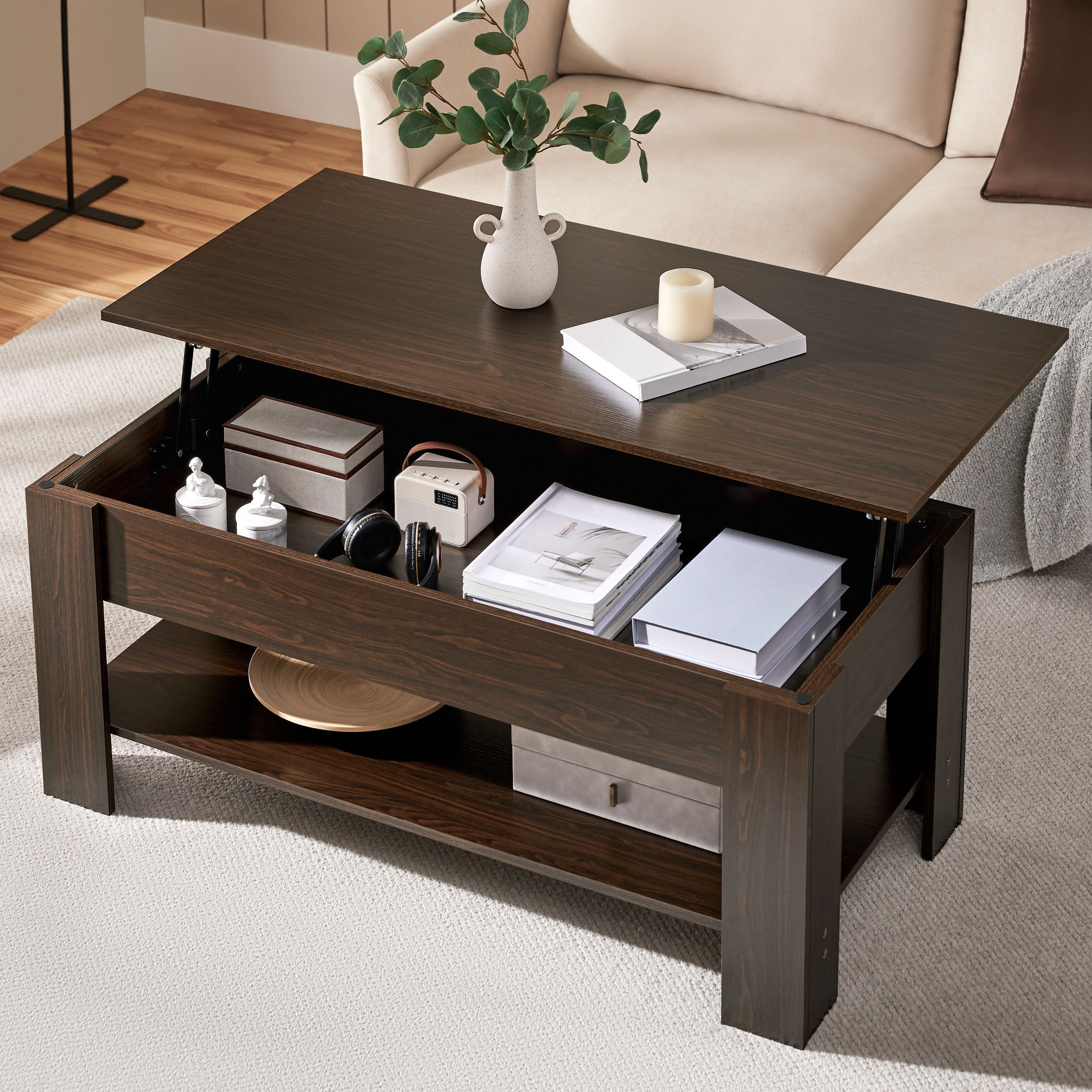 Costoffs Lift-Top Coffee Table for Living Room with Lower Shelf and Lift-Top Surface