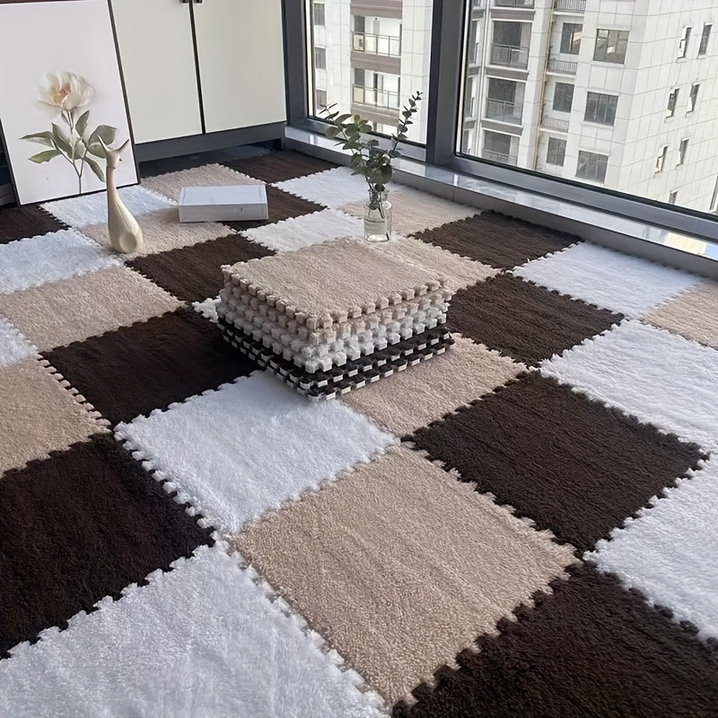 24pcs Thick Plush Splicing Carpet for Bedroom, Closet, Living Room, Window Sill, Pet Mat, Rent House, Home Use, Washable, Soft and Comfortable, Easy to Clean, Non-Slip, Suitable for Various Scenes Including Office and Dormito