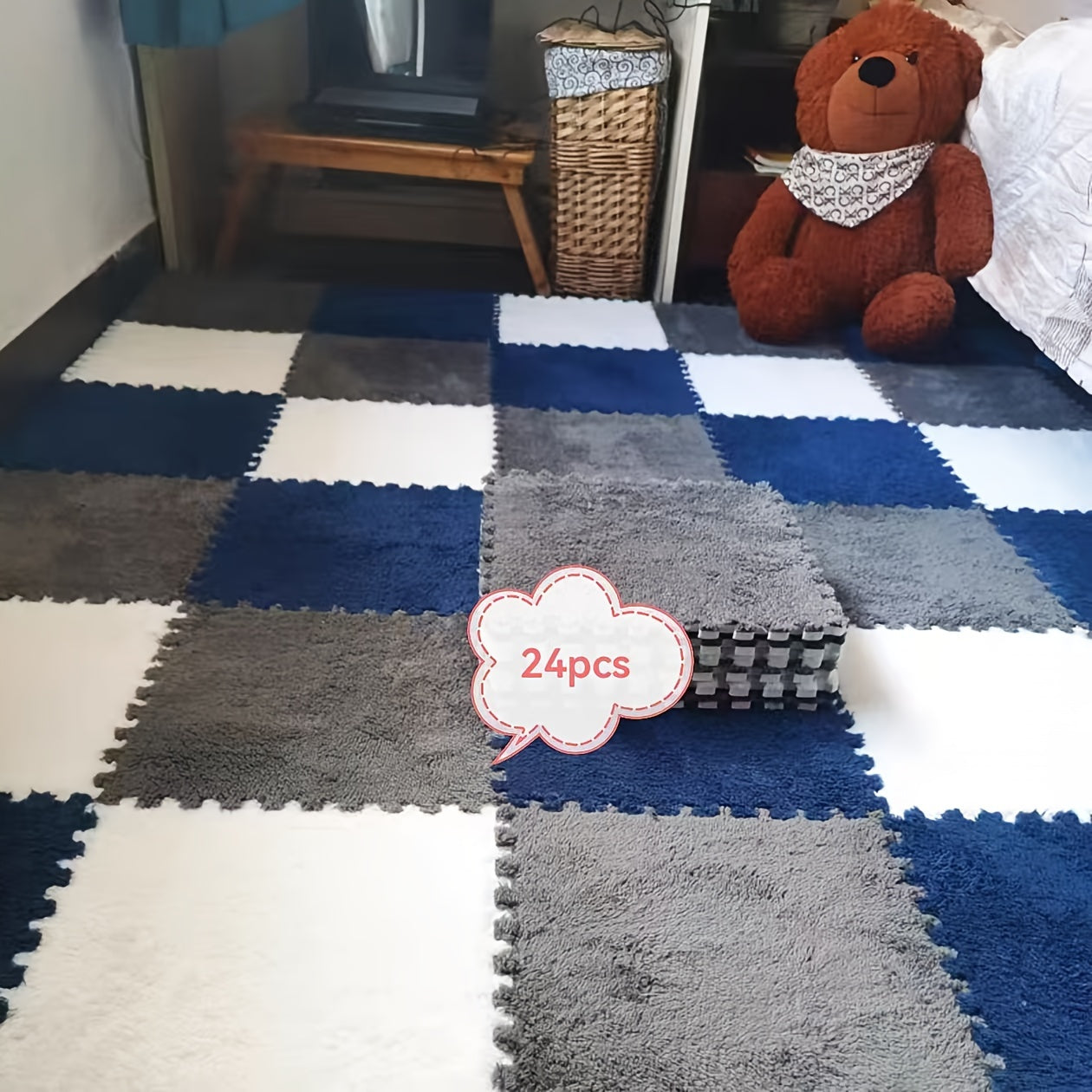 24pcs Thick Plush Splicing Carpet for Bedroom, Closet, Living Room, Window Sill, Pet Mat, Rent House, Home Use, Washable, Soft and Comfortable, Easy to Clean, Non-Slip, Suitable for Various Scenes Including Office and Dormito