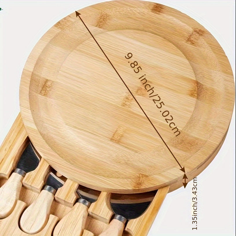 1 Set Bamboo Cheese Board with Knives - Wooden Cheese Platter and Serving Tray for Snacks, Fruits, and Charcuterie - Versatile Cutting Board for Kitchen, Outdoor, and Holiday Entertaining - Ideal for Christmas, Halloween, Eas
