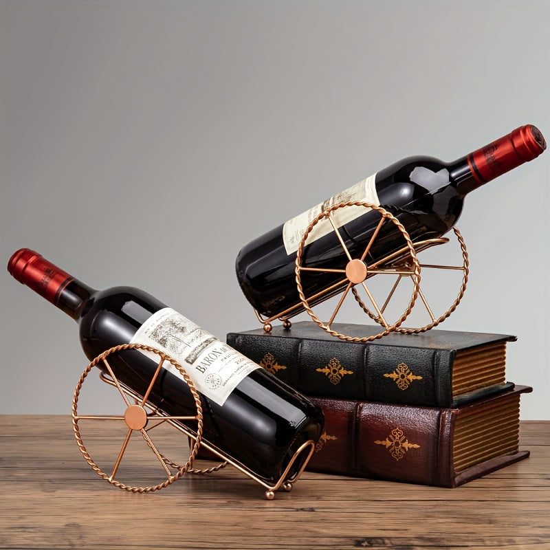 Metal Tabletop Wine Bottle Holder - Decorative Vintage Style Display Racks for Home Kitchen Bar Accessories with Single Bottle Storage Feature