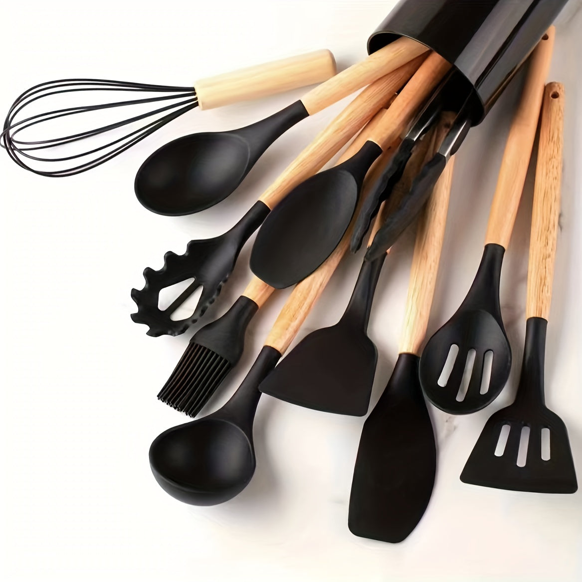 12pcs Silicone Kitchen Utensil Set with Wooden Handles - Non-Stick, Heat Resistant Cooking Tools in Khaki | Includes Spatulas, Ladles, Whisks & More | Durable & Easy to Clean