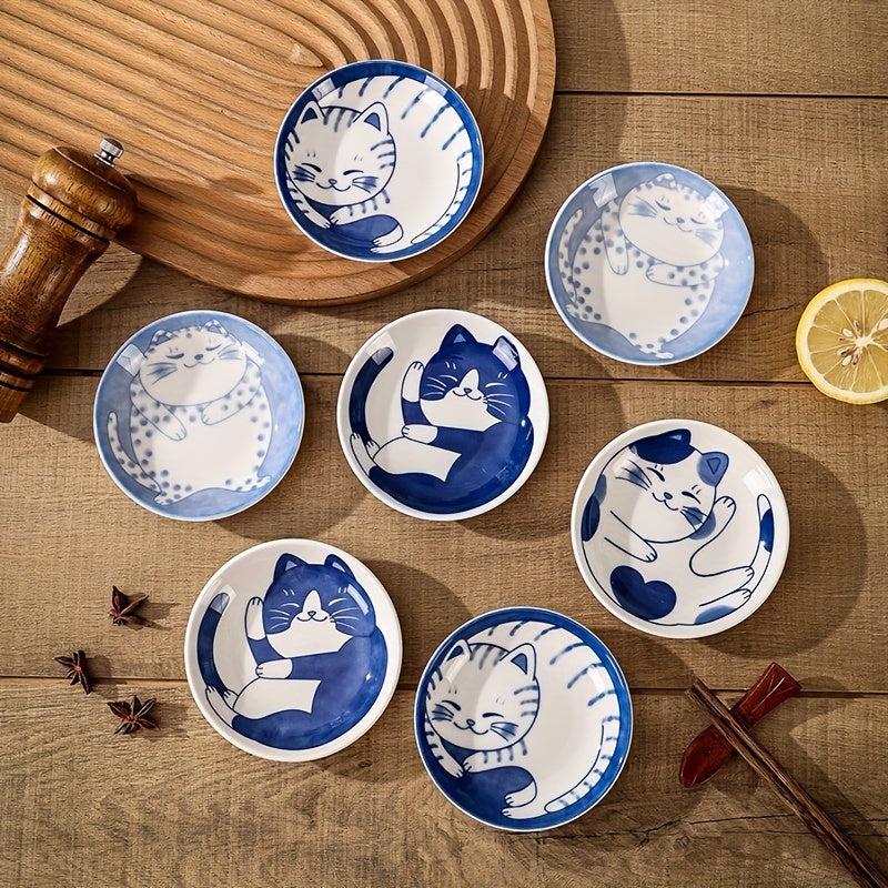 4pcs Japanese Ceramic Dessert Plates, Sauce Dishes, Creative Cute Cartoon Lucky Cat Pattern Fruit Sushi Plates, For Home Kitchen Restaurant Hotel, Kitchen Supplies, Tableware Accessories