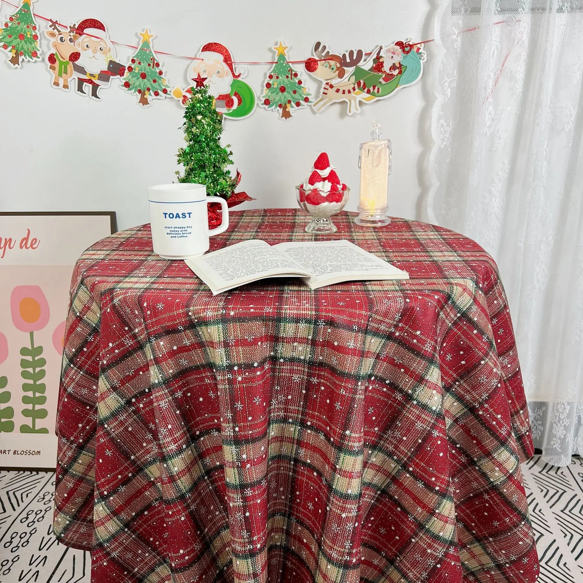 Christmas Tablecloth Round Wear-Resistant, Dust-Proof, Reversible Xmas Patterns for Dining Party