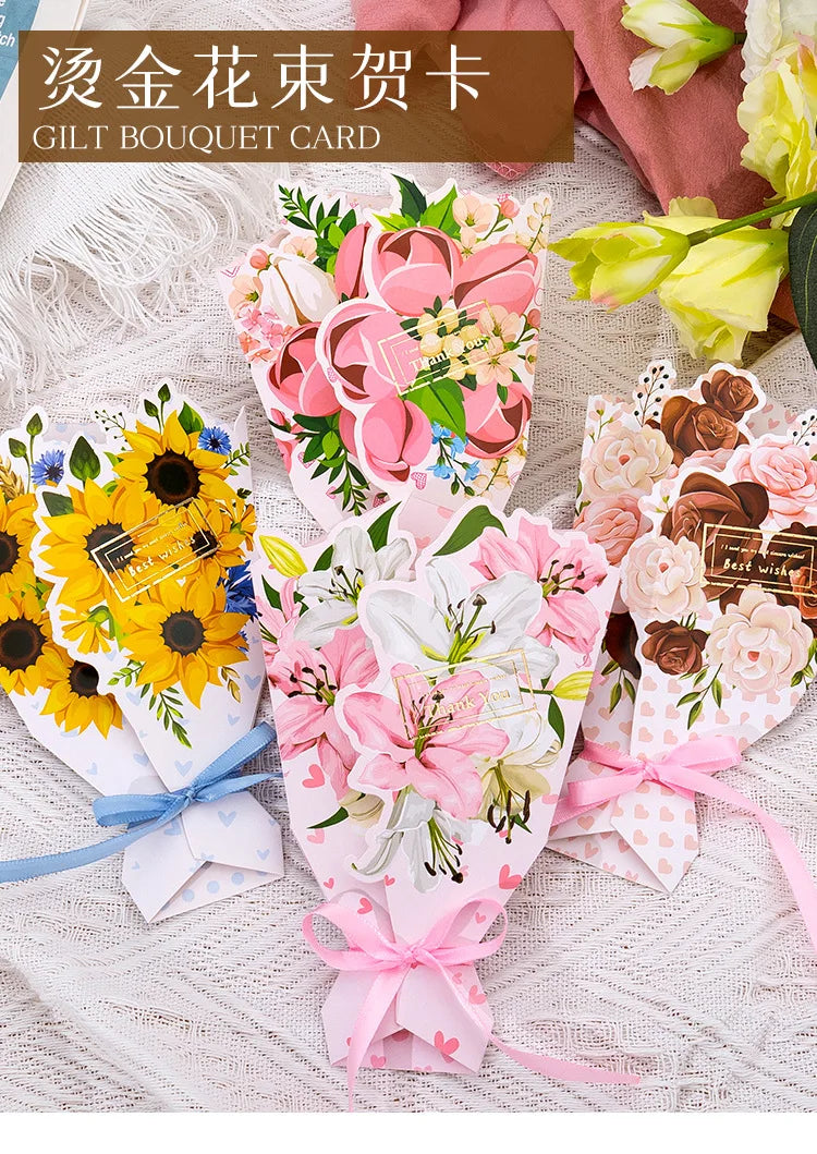 1pcs 3D Bouquet Greeting Card Bow Foil Valentine's Day Christmas Blessing Thank You Gift Message Thanksgiving Greeting Card