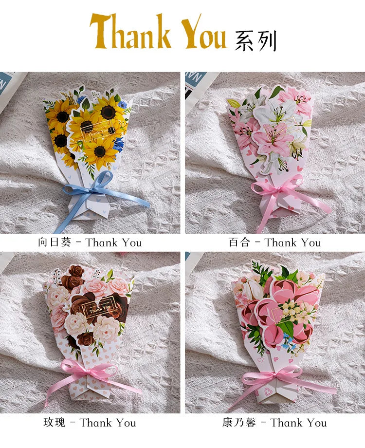 1pcs 3D Bouquet Greeting Card Bow Foil Valentine's Day Christmas Blessing Thank You Gift Message Thanksgiving Greeting Card