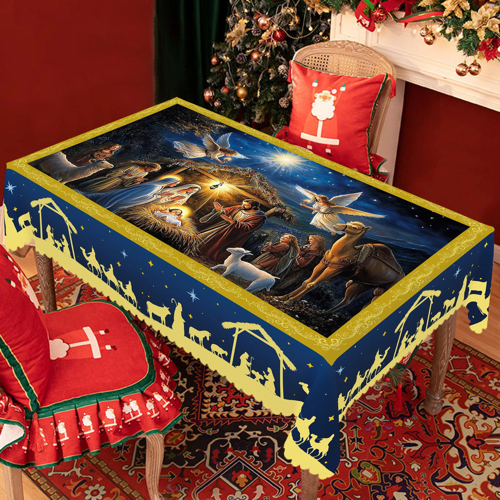 1 Tovaglia rotonda e rettangolare a tema natalizio, varie dimensioni, tovaglia blu con stampa scozzese della Bibbia e Gesù per la cucina domestica quotidiana, tovaglia per uso interno ed esterno, adatta per regali cooperativ
