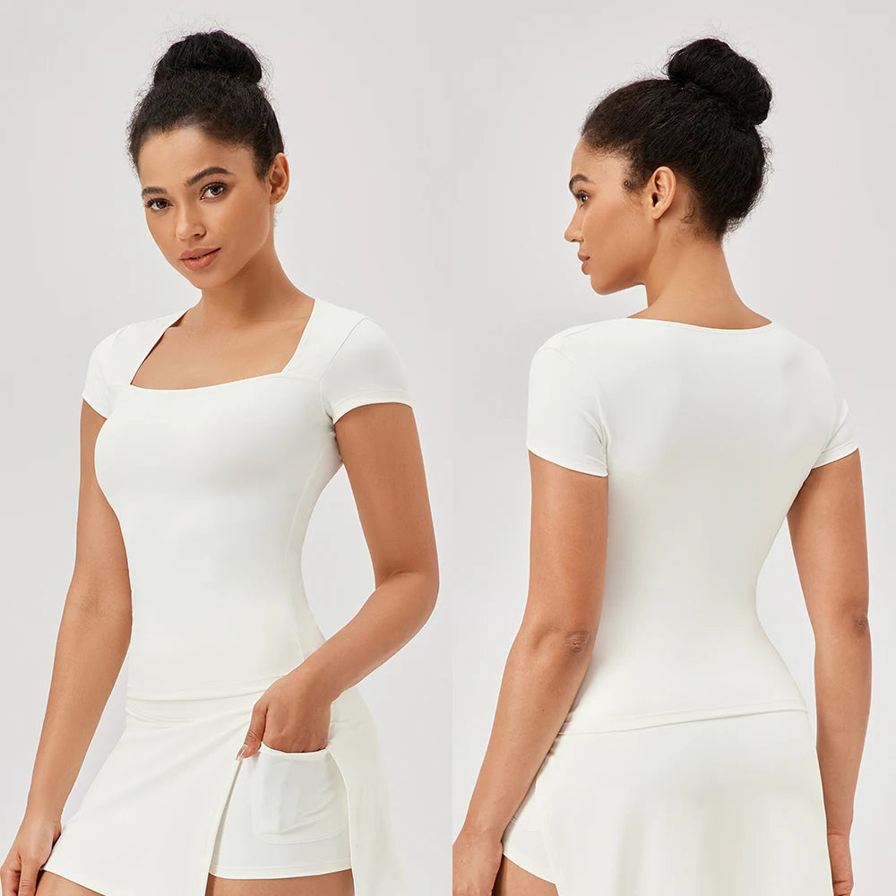 Magliette da yoga Magliette sportive da allenamento per palestra da donna Camicie da yoga ad asciugatura rapida T-shirt sportiva casual da fitness da corsa all'aperto a maniche corte