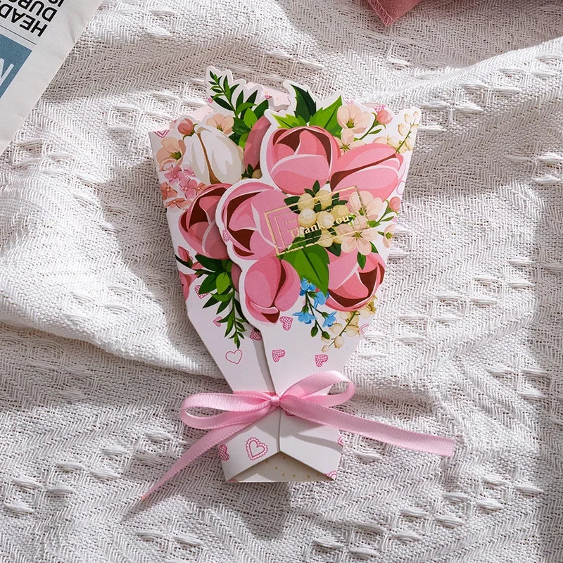 1pcs 3D Bouquet Greeting Card Bow Foil Valentine's Day Christmas Blessing Thank You Gift Message Thanksgiving Greeting Card