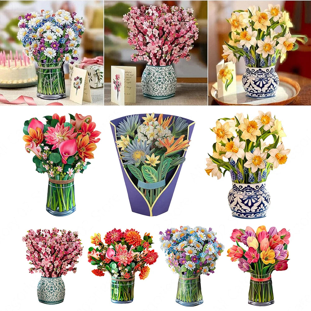 3D Pop Up Flower Greeting Card Creative Mother's Day Thank You Postcard Stereoscopic Bouquet Greeting Card Thank You Card Gifts