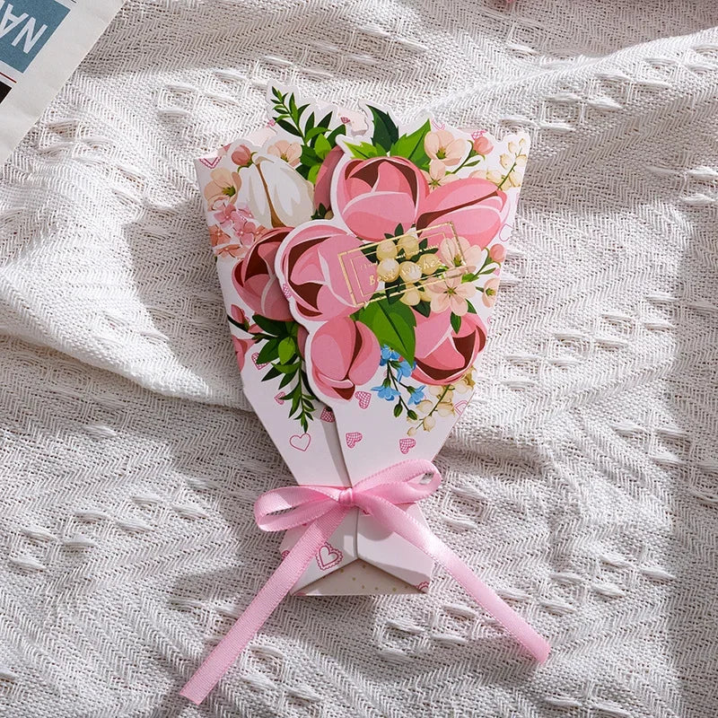1pcs 3D Bouquet Greeting Card Bow Foil Valentine's Day Christmas Blessing Thank You Gift Message Thanksgiving Greeting Card