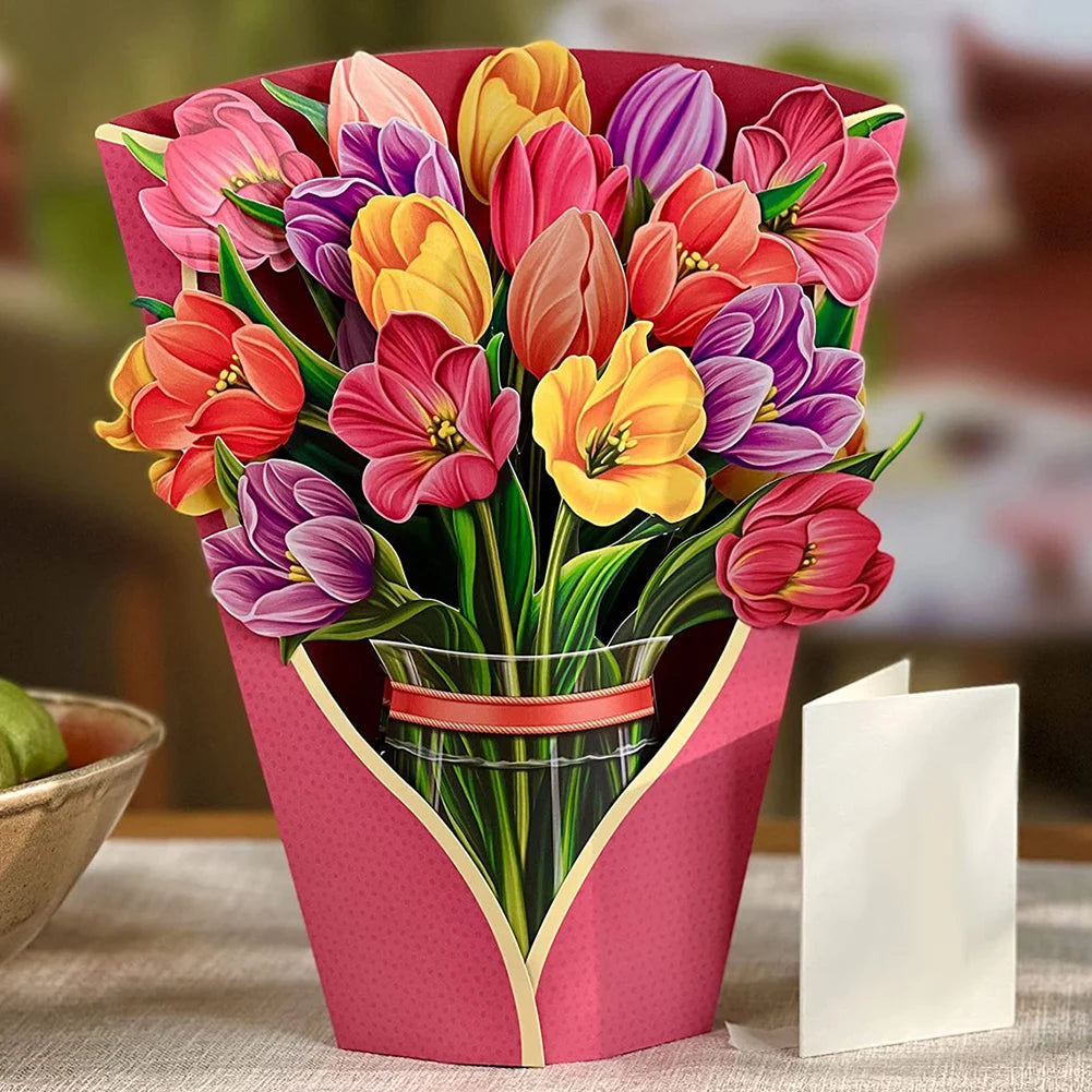 3D Pop Up Flower Greeting Card Creative Mother's Day Thank You Postcard Stereoscopic Bouquet Greeting Card Thank You Card Gifts