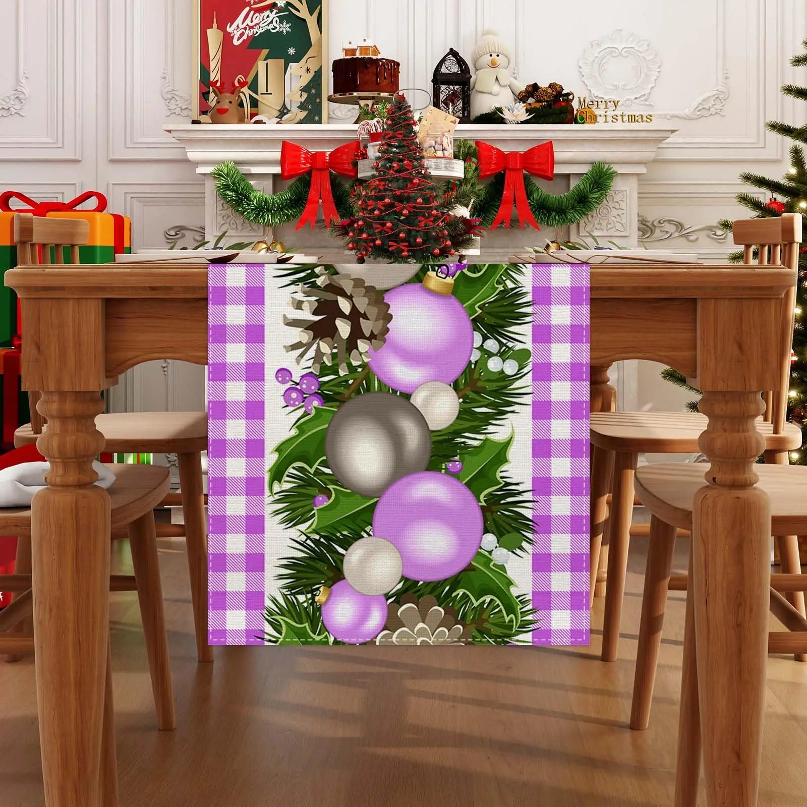 Runner da tavolo VIKAMA - Tovaglia natalizia in lino - Tavolo da pranzo per la cucina della casa delle vacanze di Natale invernali in fattoria