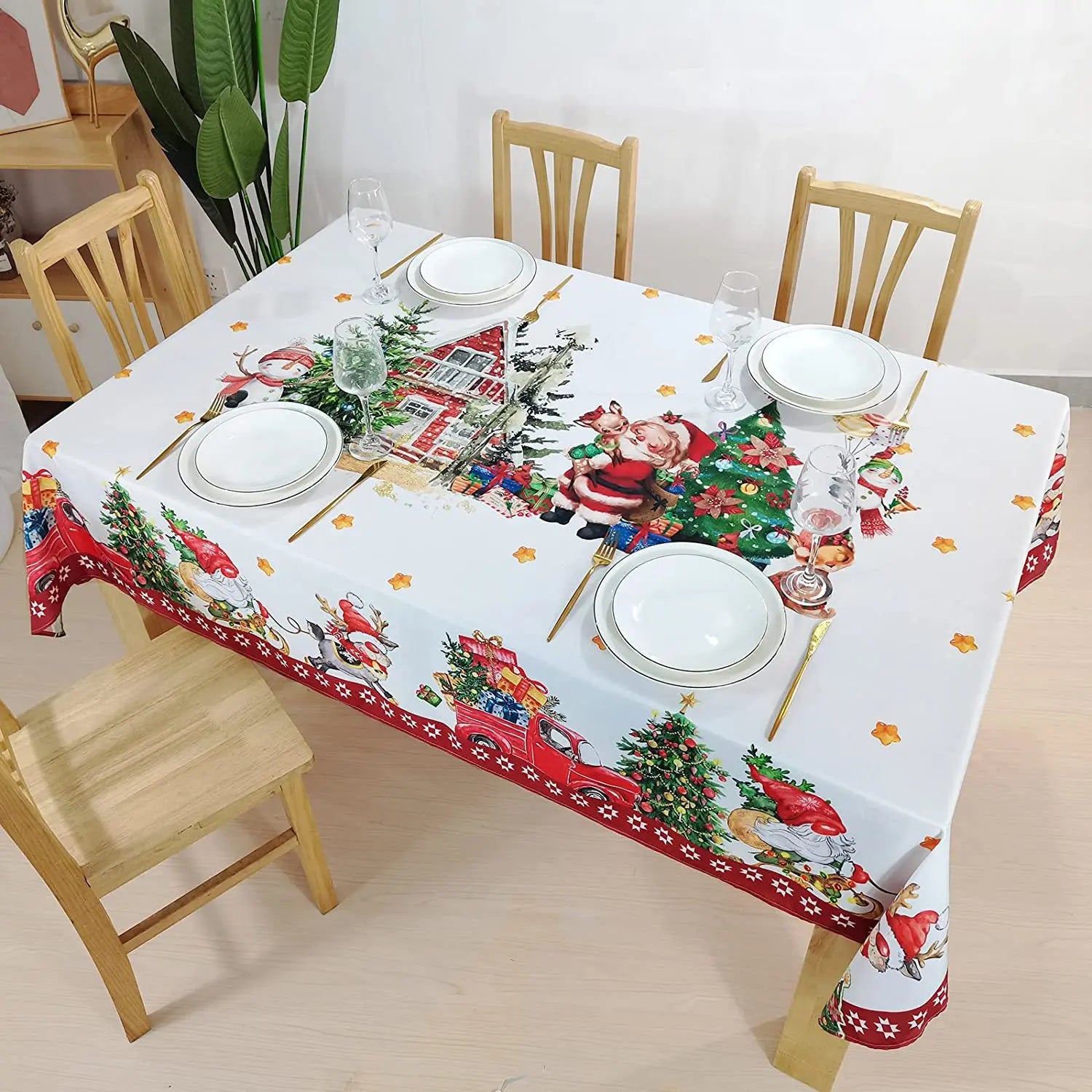 Tovaglia rettangolare natalizia in poliestere lavabile impermeabile Tovaglia per albero di Natale di Babbo Natale.