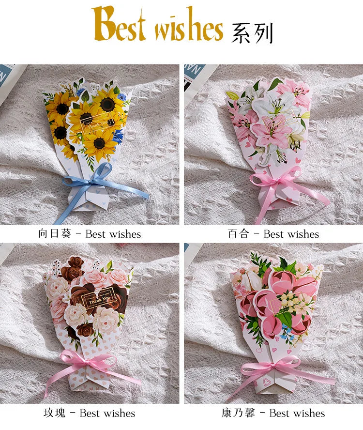 1pcs 3D Bouquet Greeting Card Bow Foil Valentine's Day Christmas Blessing Thank You Gift Message Thanksgiving Greeting Card
