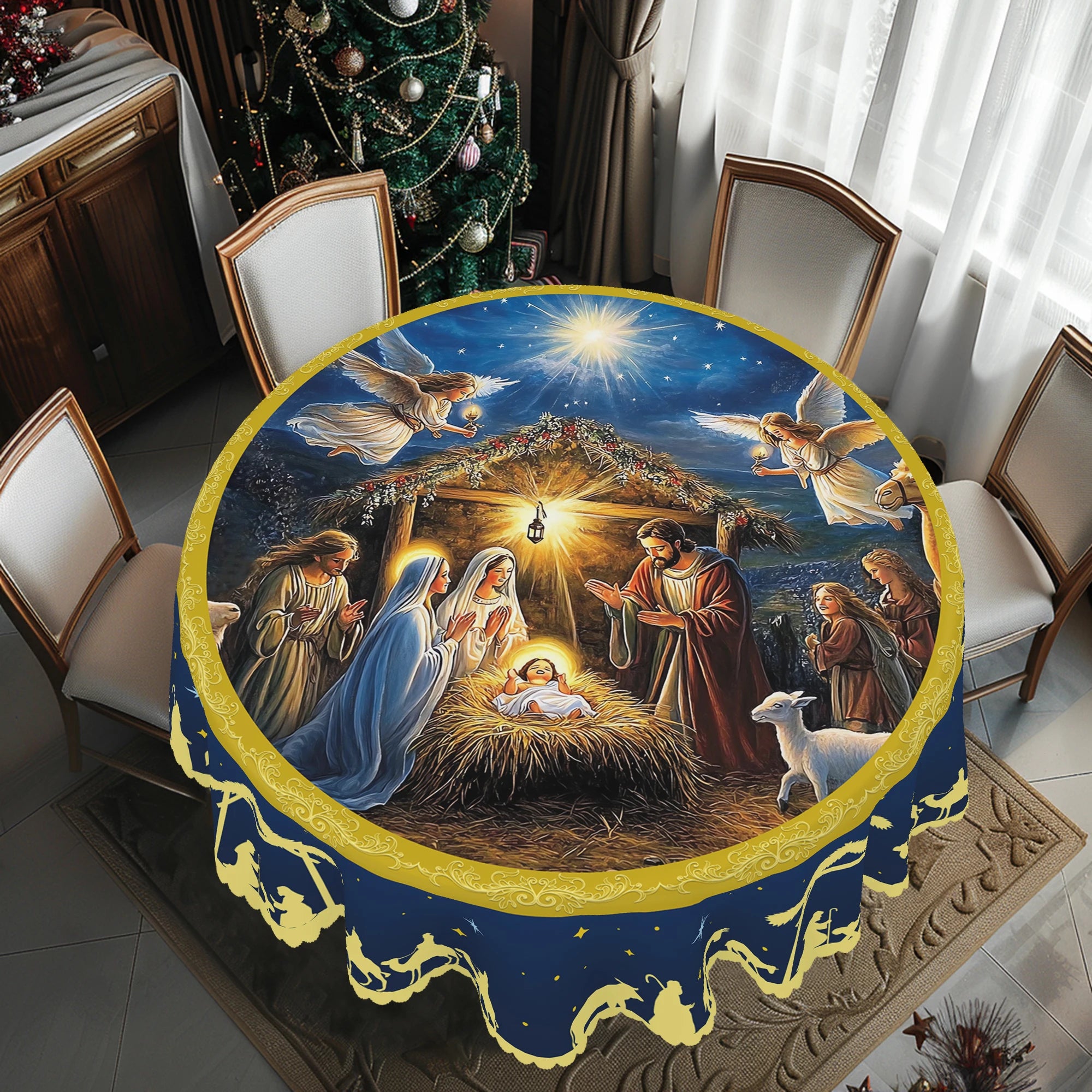 1 Tovaglia rotonda e rettangolare a tema natalizio, varie dimensioni, tovaglia blu con stampa scozzese della Bibbia e Gesù per la cucina domestica quotidiana, tovaglia per uso interno ed esterno, adatta per regali cooperativ