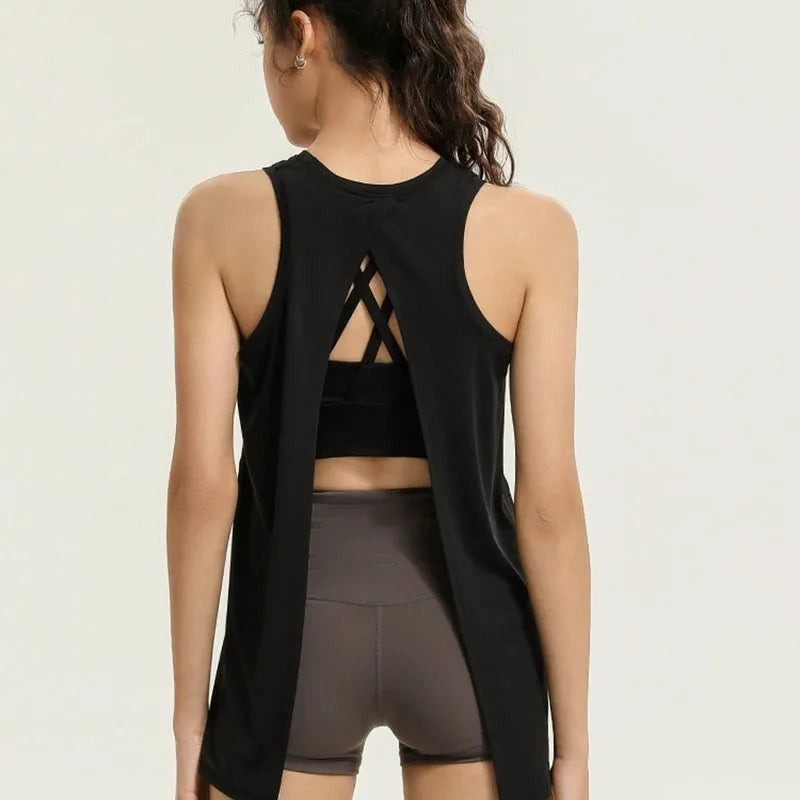 Top da palestra nero senza maniche Yoga Top palestra donna camicia Fitness t-Shirt Dry Workout Top sport Top palestra donna Backless Shirt