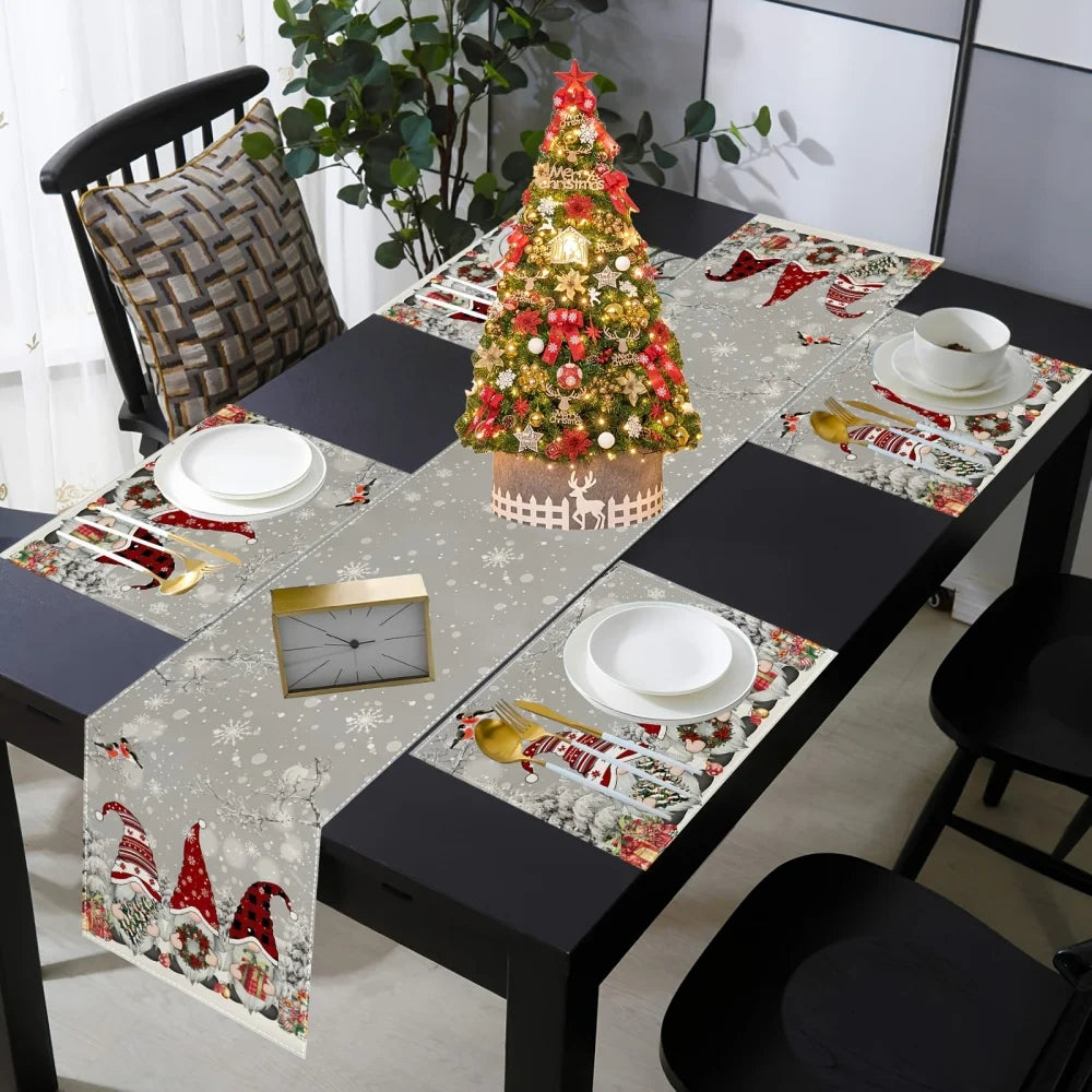 1 tovagliette natalizie, runner da tavolo in lino con design di rami di albero di neve fantasy nani grigi