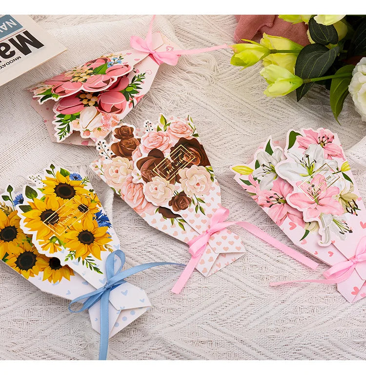 1pcs 3D Bouquet Greeting Card Bow Foil Valentine's Day Christmas Blessing Thank You Gift Message Thanksgiving Greeting Card