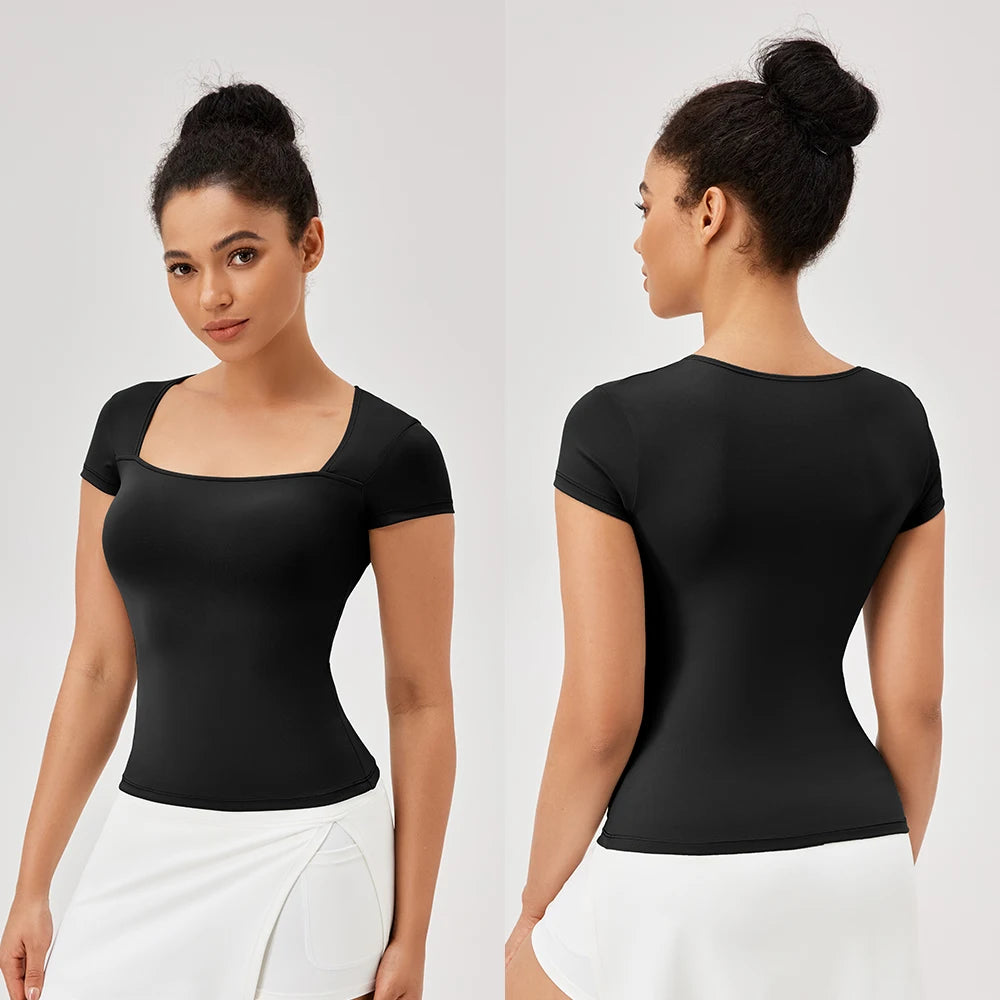 Magliette da yoga Magliette sportive da allenamento per palestra da donna Camicie da yoga ad asciugatura rapida T-shirt sportiva casual da fitness da corsa all'aperto a maniche corte