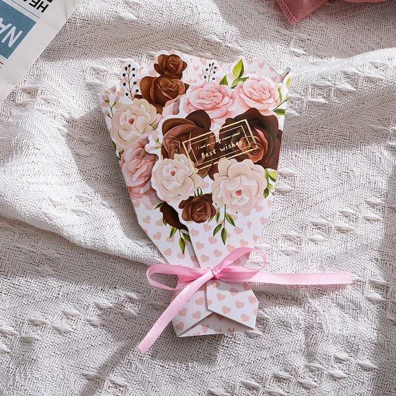 1pcs 3D Bouquet Greeting Card Bow Foil Valentine's Day Christmas Blessing Thank You Gift Message Thanksgiving Greeting Card