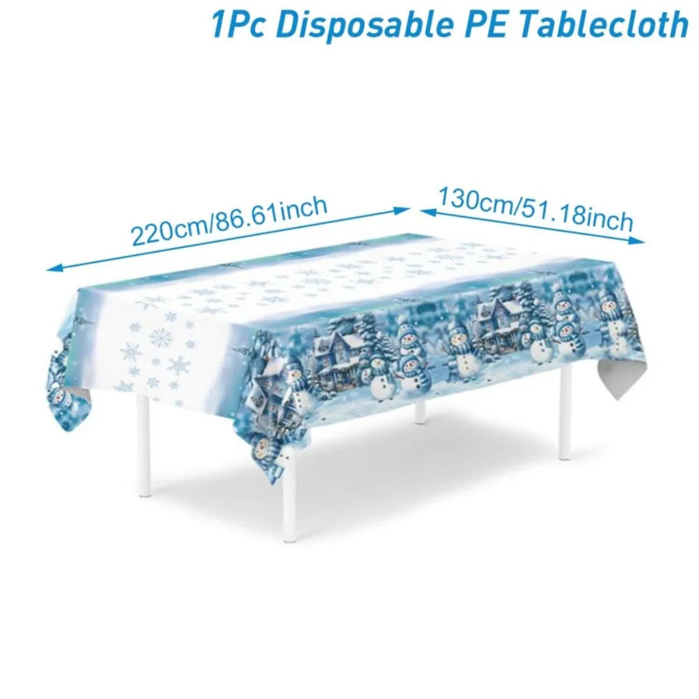 Tovaglia natalizia vintage usa e getta con pupazzo di neve, decorazione, tovaglia con motivo a fiocco di neve, tovaglie per feste in PE, festa di Natale