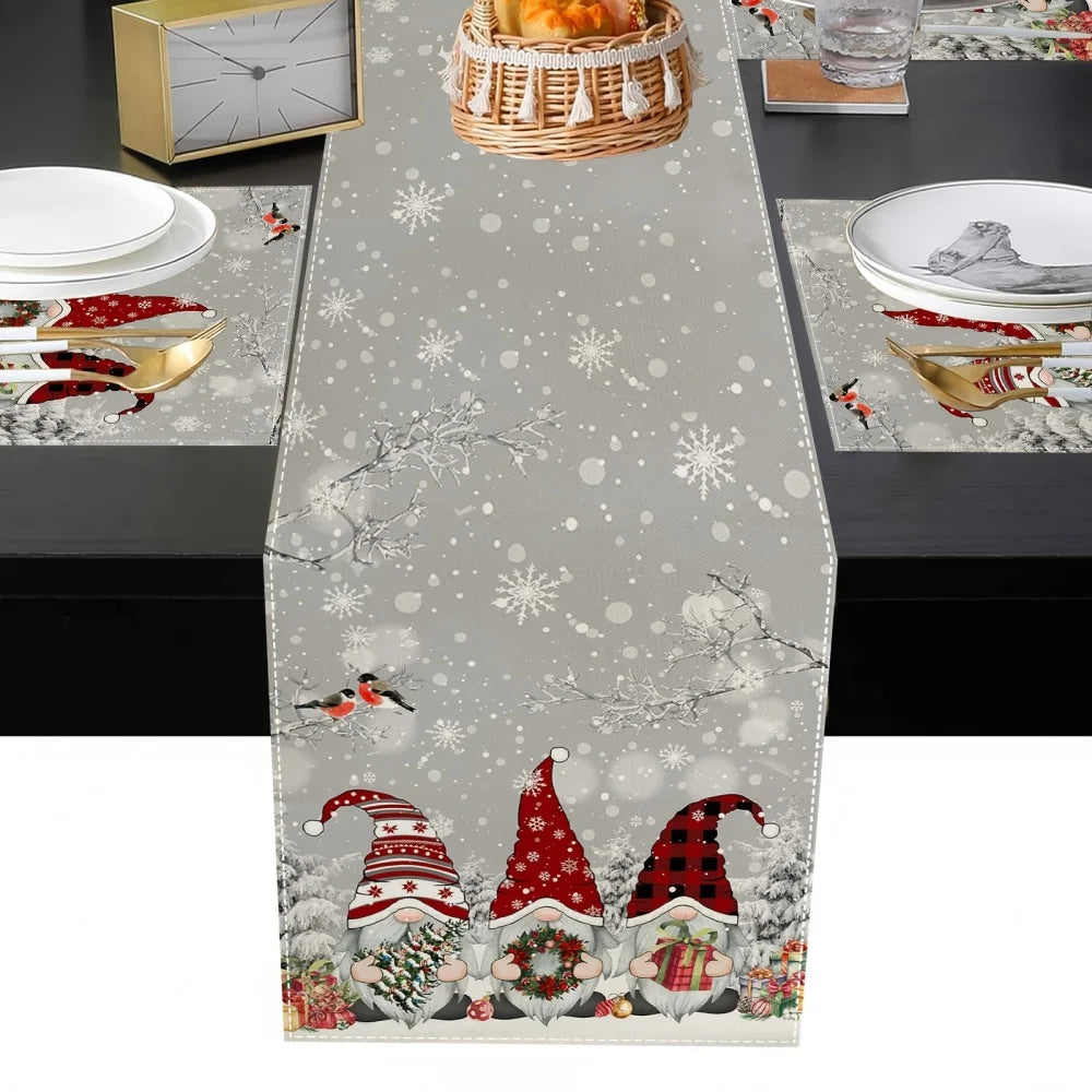 1 tovagliette natalizie, runner da tavolo in lino con design di rami di albero di neve fantasy nani grigi