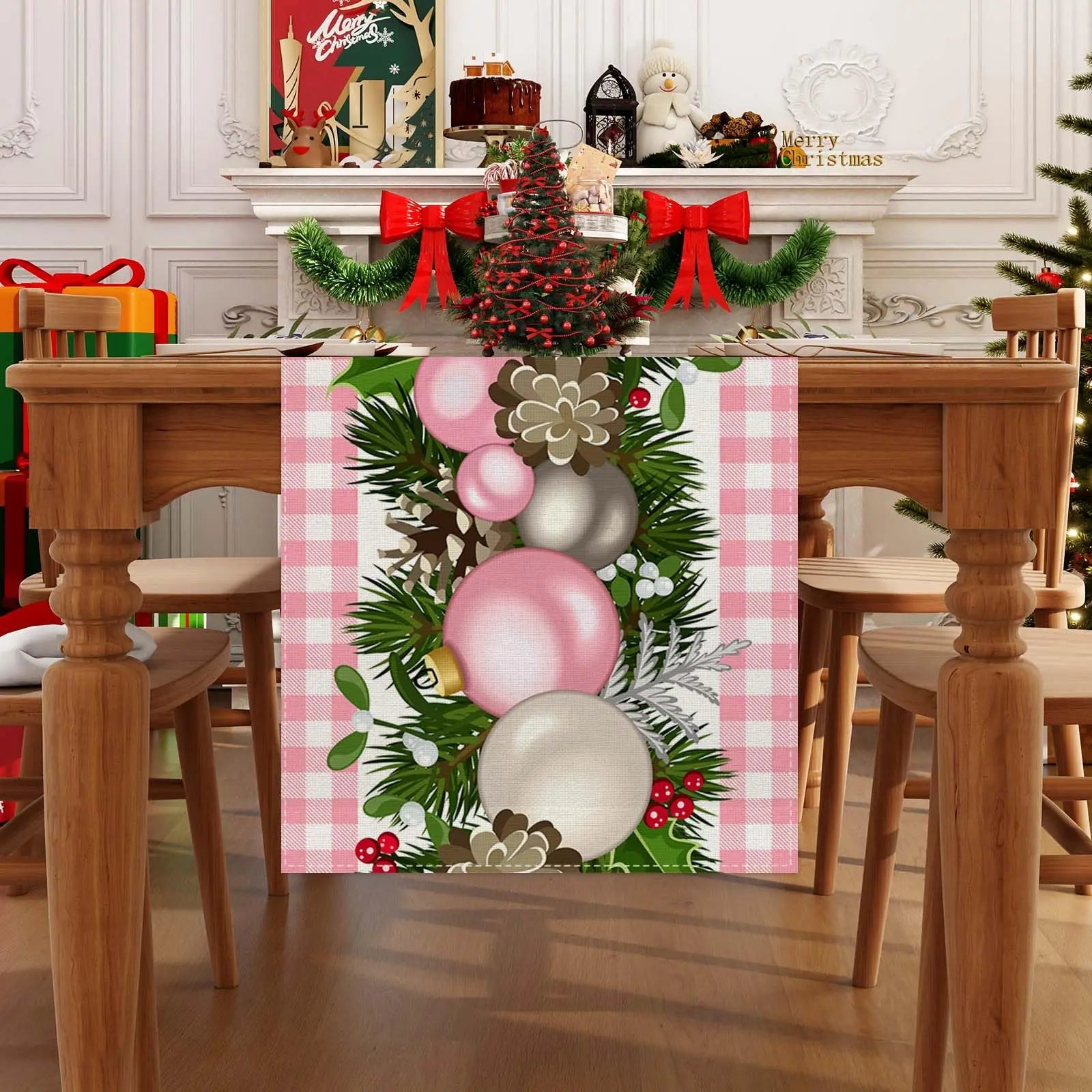 Runner da tavolo VIKAMA - Tovaglia natalizia in lino - Tavolo da pranzo per la cucina della casa delle vacanze di Natale invernali in fattoria