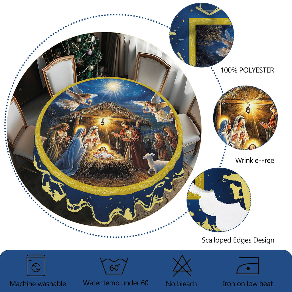 1 Tovaglia rotonda e rettangolare a tema natalizio, varie dimensioni, tovaglia blu con stampa scozzese della Bibbia e Gesù per la cucina domestica quotidiana, tovaglia per uso interno ed esterno, adatta per regali cooperativ