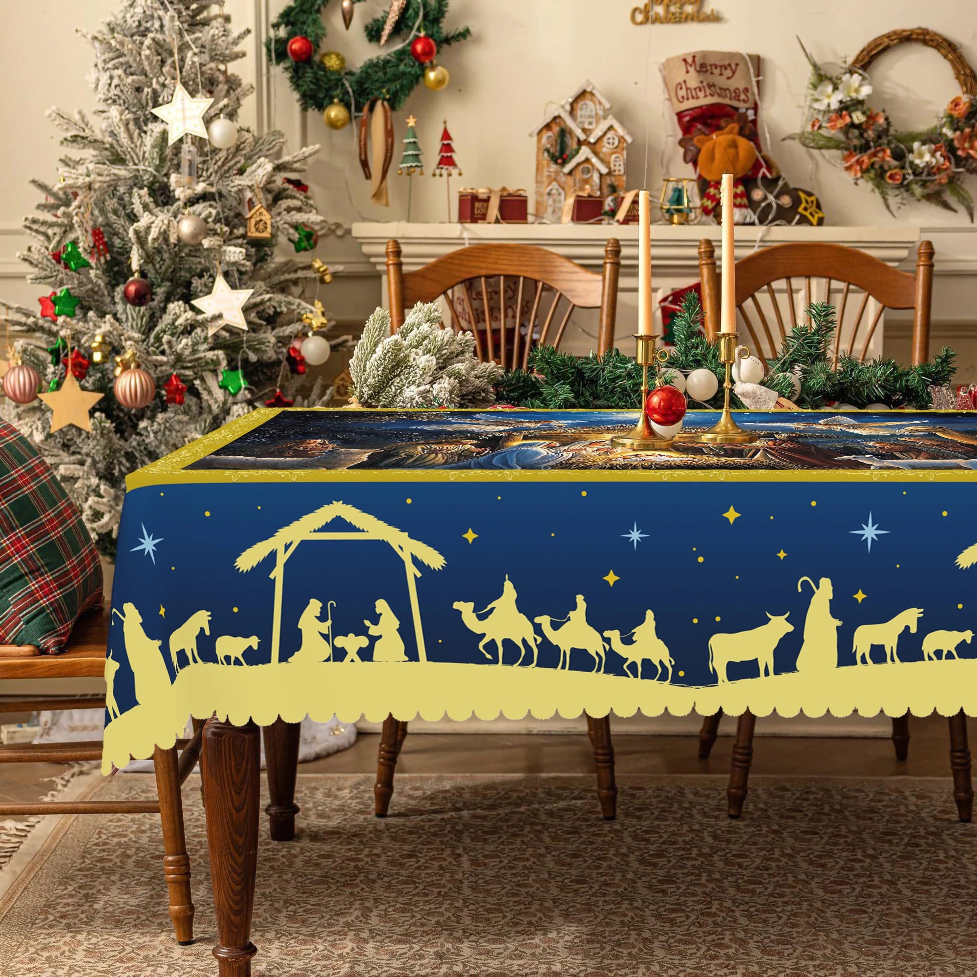 1 Tovaglia rotonda e rettangolare a tema natalizio, varie dimensioni, tovaglia blu con stampa scozzese della Bibbia e Gesù per la cucina domestica quotidiana, tovaglia per uso interno ed esterno, adatta per regali cooperativ