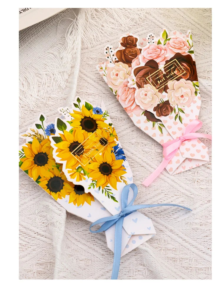 1pcs 3D Bouquet Greeting Card Bow Foil Valentine's Day Christmas Blessing Thank You Gift Message Thanksgiving Greeting Card