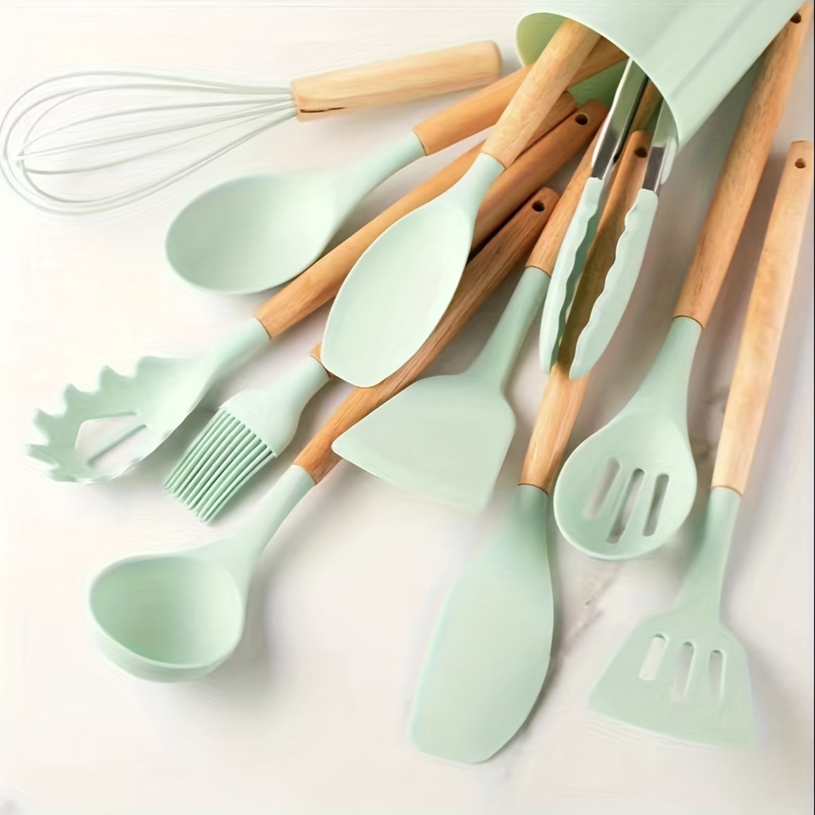 12pcs Silicone Kitchen Utensil Set with Wooden Handles - Non-Stick, Heat Resistant Cooking Tools in Khaki | Includes Spatulas, Ladles, Whisks & More | Durable & Easy to Clean