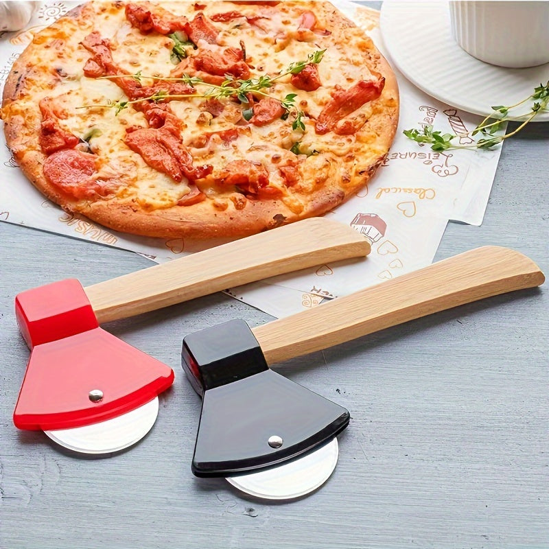 1pc, Axe Shaped Pizza Wheel Cutter, Stainless Steel Pizza Knife Withn Bamboo Handle, Kitchen Gadgets, 21cm