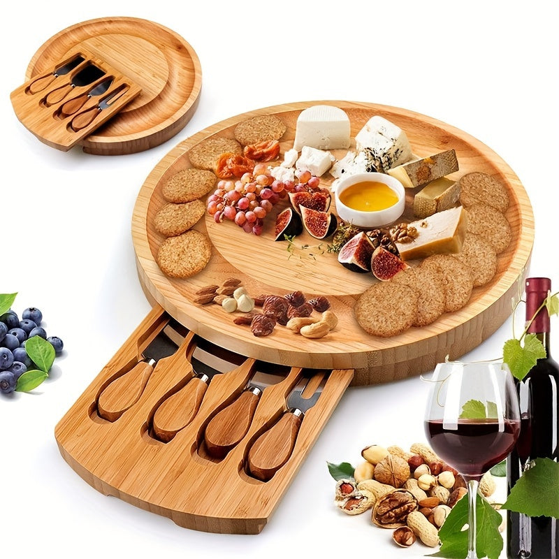 1 Set Bamboo Cheese Board with Knives - Wooden Cheese Platter and Serving Tray for Snacks, Fruits, and Charcuterie - Versatile Cutting Board for Kitchen, Outdoor, and Holiday Entertaining - Ideal for Christmas, Halloween, Eas