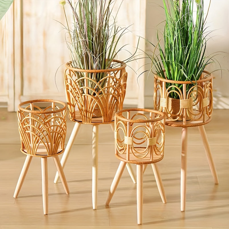 Versatile Woven Rattan-Style Flower Stand - Triangle Floor Planter for Living Room & Balcony, Indoor Bamboo Basket for Plants