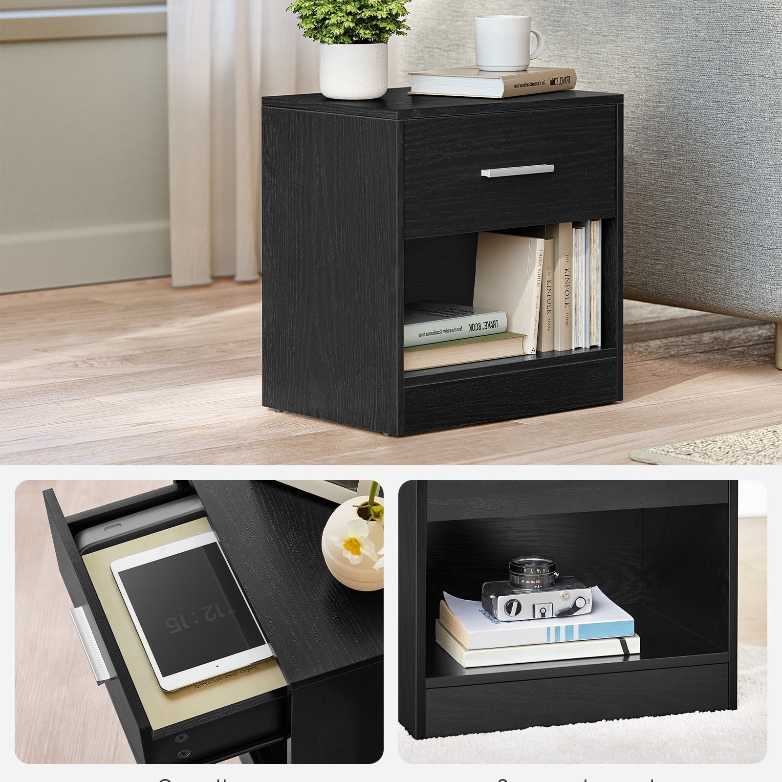 VASAGLE Bedside Table, Coffee Table with Drawer, Handle, Open Compartment, for Bedroom, Living Room