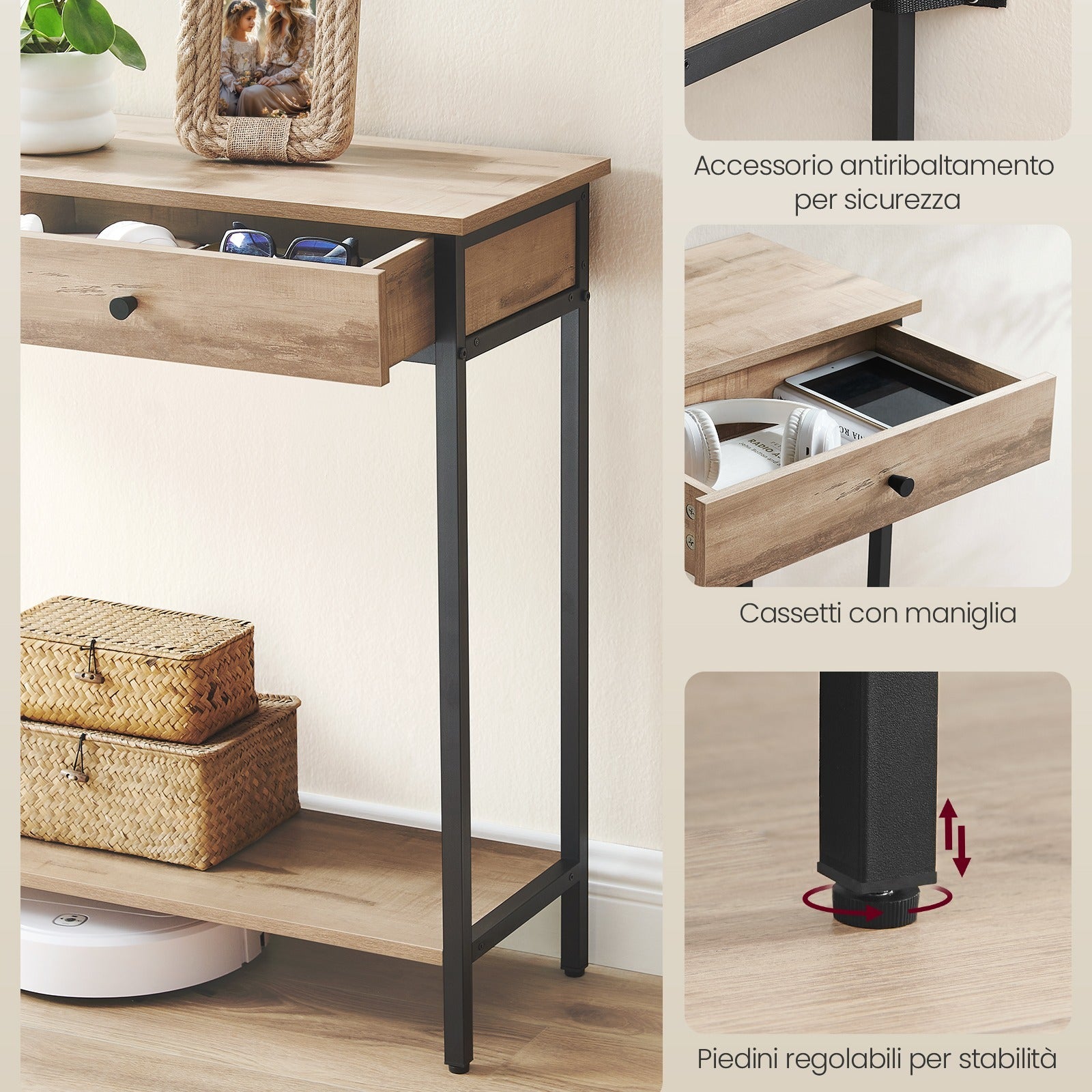 VASAGLE Console Table, Hallway Table, with 2 Drawers, Metal Frame, for Hallway, Bedroom, Living Room, Industrial Style, Camel Brown and Ink Black