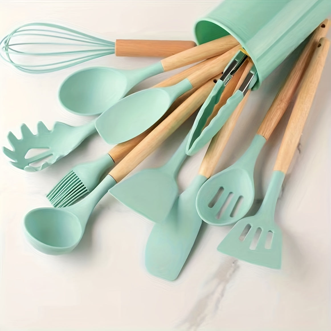 12pcs Silicone Kitchen Utensil Set with Wooden Handles - Non-Stick, Heat Resistant Cooking Tools in Khaki | Includes Spatulas, Ladles, Whisks & More | Durable & Easy to Clean