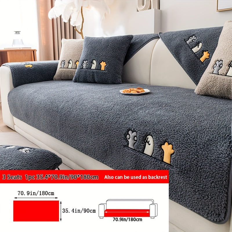 1pc Plush Thick Shearling Sofa Cover with Cute Animal & Bone Embroidery - Pet-Friendly, Non-Slip Couch Protector for All Sofa Sizes from Single to Four-Seater - Soft, Warm Decor for Living Room, Bedroom, Office, Sofa Covers f