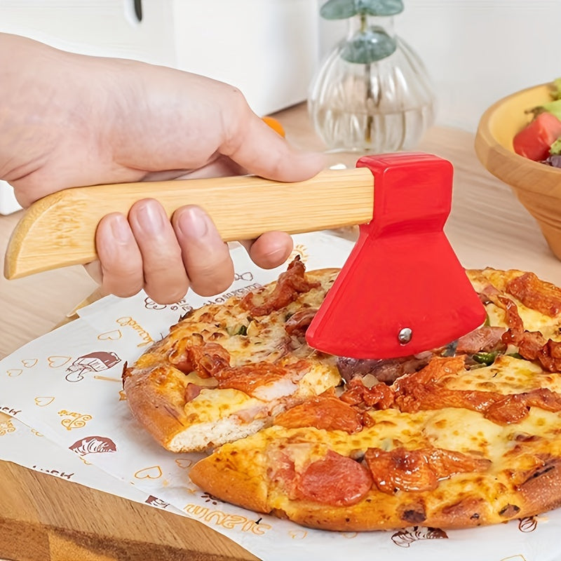 1pc, Axe Shaped Pizza Wheel Cutter, Stainless Steel Pizza Knife Withn Bamboo Handle, Kitchen Gadgets, 21cm