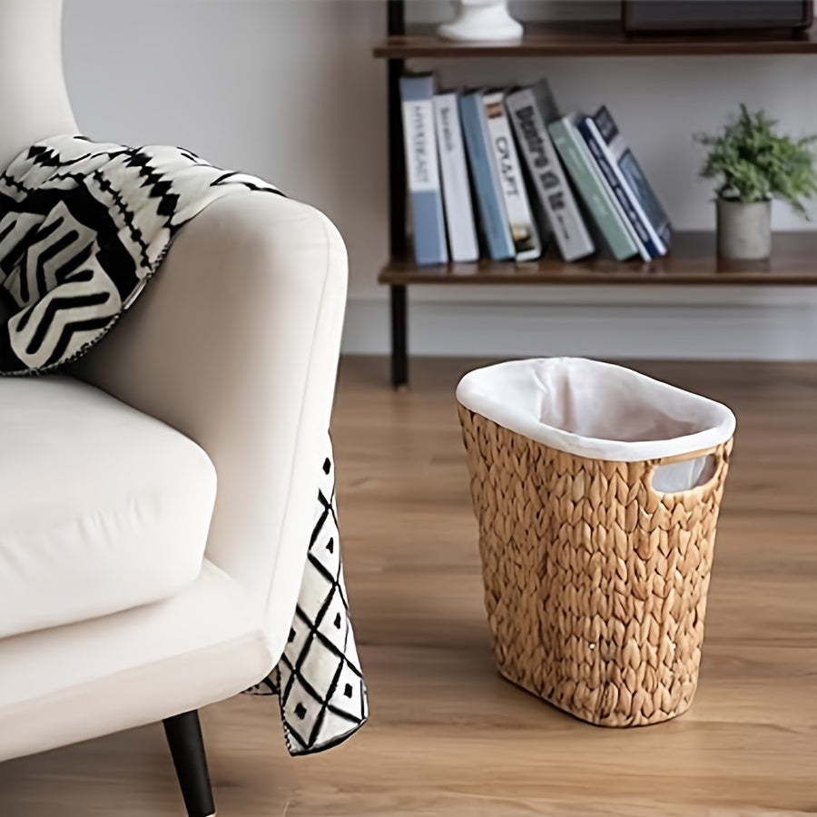 1pc 12L Wicker Waste Basket, Wicker Woven Trash Can With Built-in Handles, Handwoven Water Hyacinth Paper Basket, Wicker Garbage Can For Bedroom Bathroom, Home Organization And Storage Supplies, Cleaning Supplies, Home Decor,