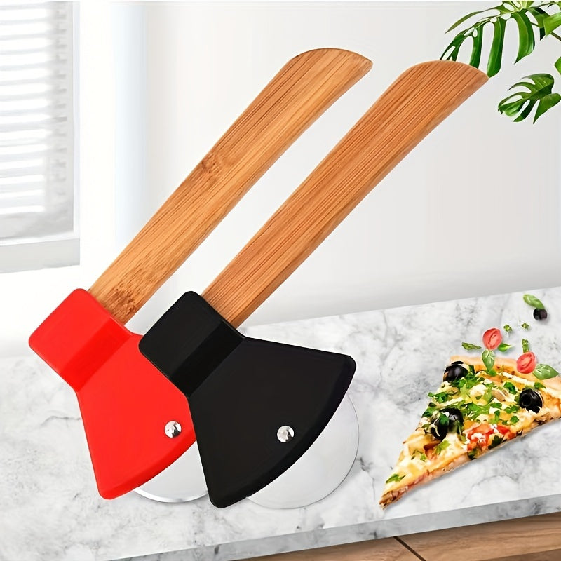 1pc, Axe Shaped Pizza Wheel Cutter, Stainless Steel Pizza Knife Withn Bamboo Handle, Kitchen Gadgets, 21cm