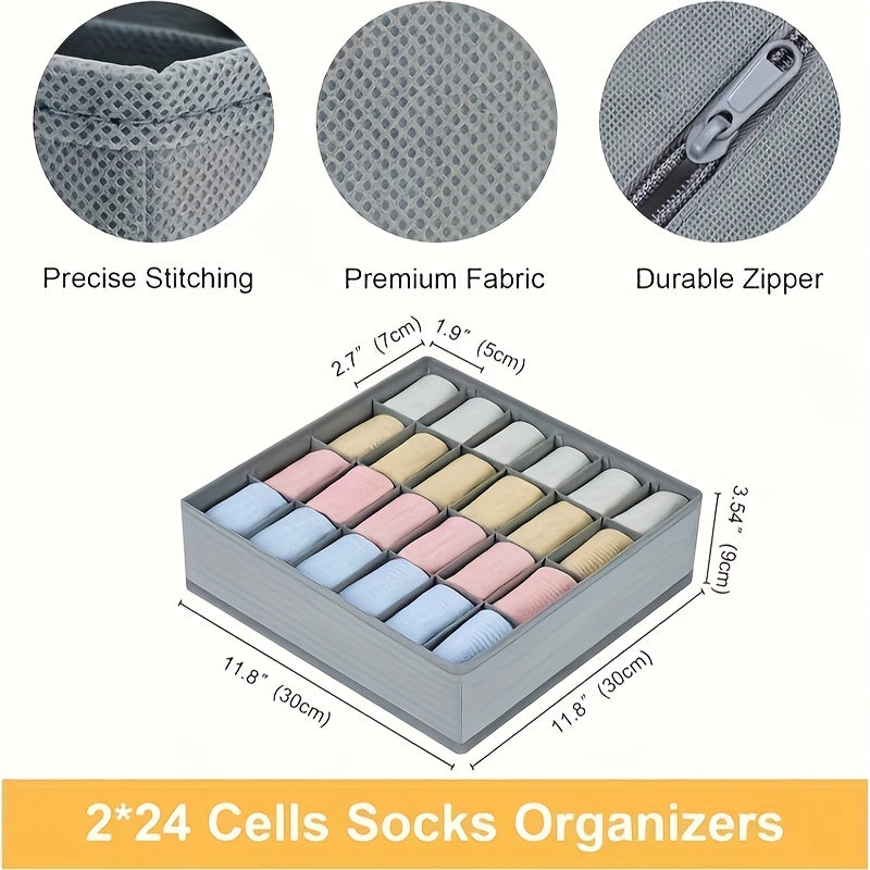 2 Pack 48-Compartment Fabric Socks & Underwear Organizers - Durable Zipper, Foldable Closet Storage Box for Socks, Underwear, Ties - Ideal for Bedroom & Home Decor, Closet Organization | Modern Organizer | Durable Zipper Clos