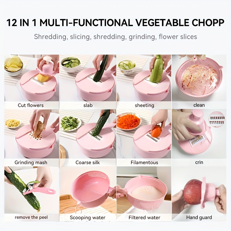 11-Piece, 12-in-1 Multi-Function Vegetable Chopper for Carrots, Potatoes, Radishes, and More – Manual Slicer, Shredder, and Grater – Essential Kitchen Tool