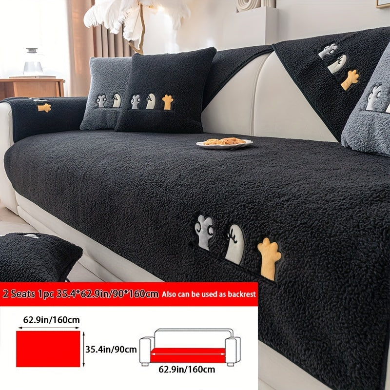 1pc Plush Thick Shearling Sofa Cover with Cute Animal & Bone Embroidery - Pet-Friendly, Non-Slip Couch Protector for All Sofa Sizes from Single to Four-Seater - Soft, Warm Decor for Living Room, Bedroom, Office, Sofa Covers f