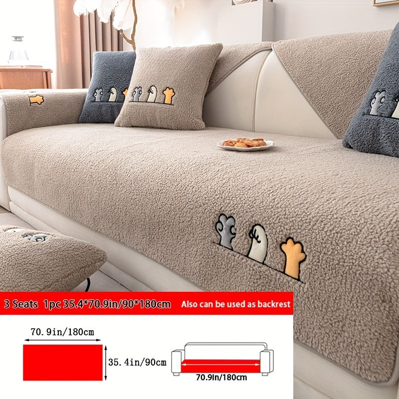 1pc Plush Thick Shearling Sofa Cover with Cute Animal & Bone Embroidery - Pet-Friendly, Non-Slip Couch Protector for All Sofa Sizes from Single to Four-Seater - Soft, Warm Decor for Living Room, Bedroom, Office, Sofa Covers f