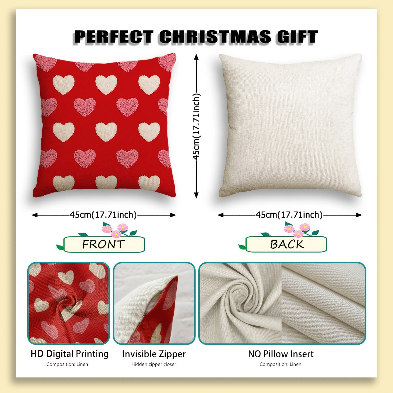 2pcs Valentine's Day Linen Pillow Covers, Reversible Love Heart Pattern, Zipper Closure, Machine Washable, Contemporary Style for Sofa & Bedroom Decor, 15.7x15.7 & 44.96x44.96 cm - No Insert, Pillows for Couch