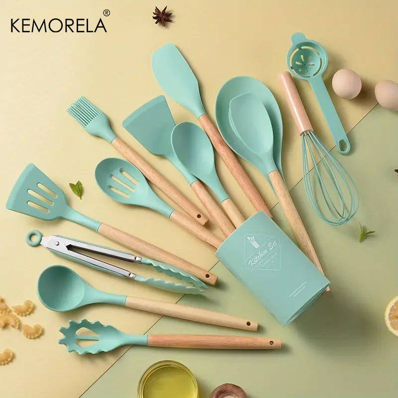14pcs Silicone Utensil Set - Non-Stick Cooking Utensils With Wooden Handle & Storage Bucket - Apartment & College Dorm Essential Kitchen Supplies