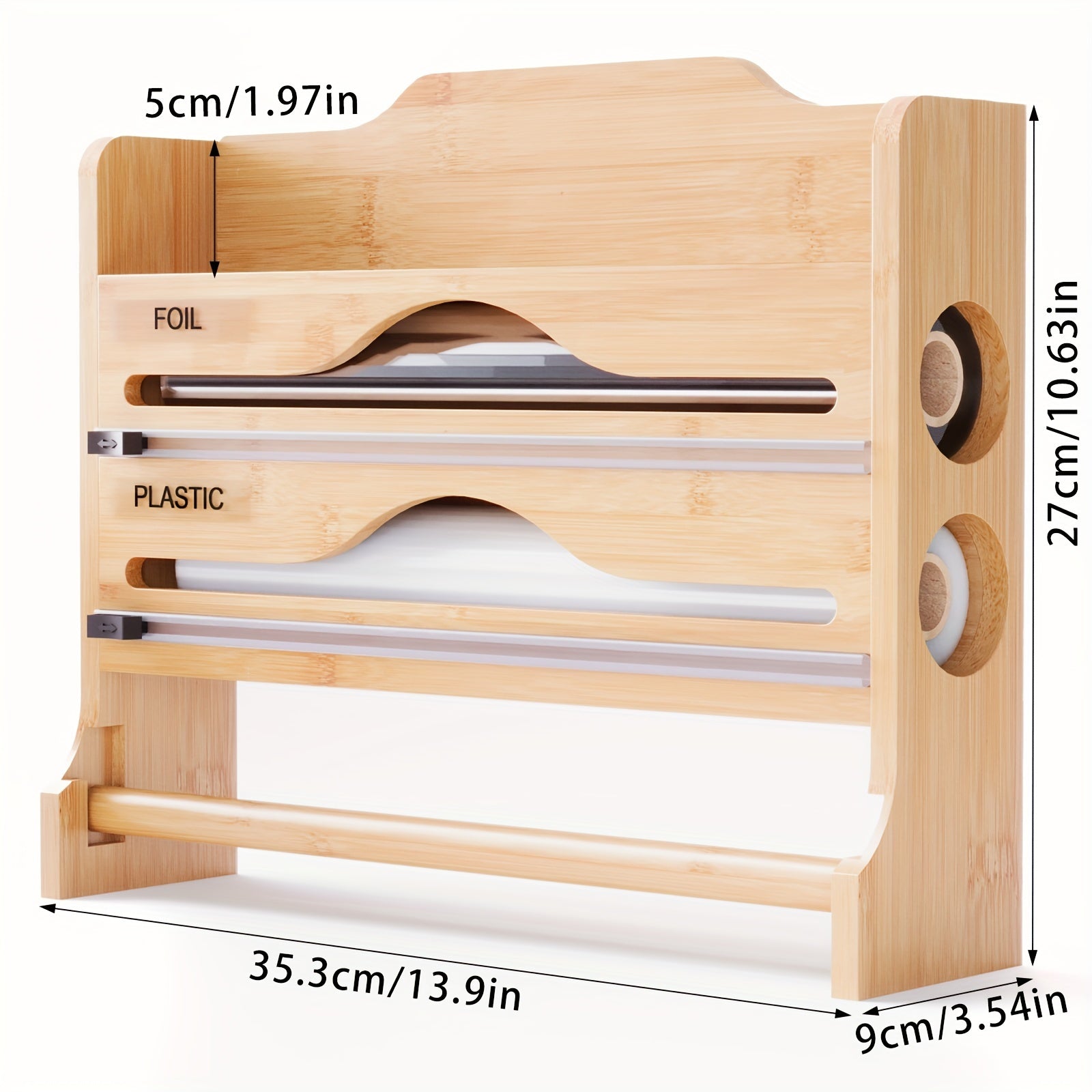 1-Pack Wall-Mounted Plastic Wrap Cutter with Paper Towel Holder, Bamboo, Kitchen Paper Storage Rack, Tin Foil, Two-Grid Cutter, Storage Bins for Home Organization, Baskets, Bins & Containers for Home Organization